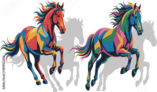 Vibrant geometric colorful running horses vector illustration set, abstract pop art style stallion design element