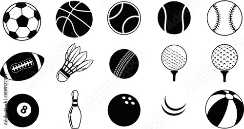 Collection of sports balls icons including soccer basketball tennis baseball football golf and bowling equipment, black and white vector set