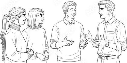 Line drawing of young men and women talking together for business communication teamwork social interaction meeting discussion and community concept.