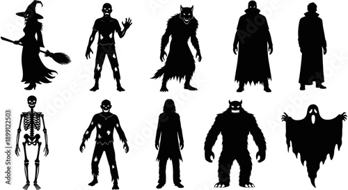 Halloween monster silhouette set featuring witch zombie werewolf vampire skeleton ghost and spooky creatures for horror party decorations and holiday design.