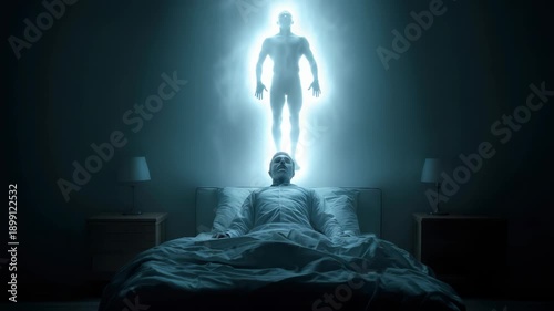 A young man lies in bed as a glowing spirit rises above him in a dimly lit bedroom. The scene captures the moment of separation from the physical body during sleep