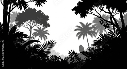 Tropical jungle silhouette with palm trees and foliage at dusk