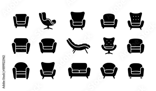 Modern armchair furniture silhouette icon set black vector isolated on white