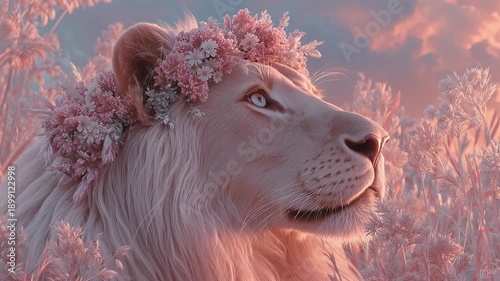 Gentle lion gazes into the distance, crowned with delicate flowers. Surrounded by pastel pink tones, the enchanting atmosphere evokes tranquility and beauty at dusk.