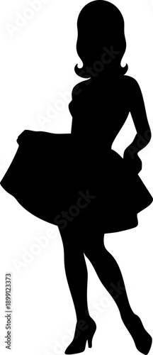 Silhouette of 1950s Woman in Flared Dress and High Heels with Retro Hairstyle