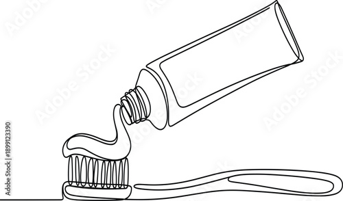 Minimalist continuous line art vector of toothpaste being squeezed onto a toothbrush, dental hygiene concept