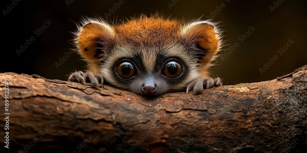 Fototapeta premium Close-up of a Mouse Lemur with Large, Expressive Eyes Peering over a Branch