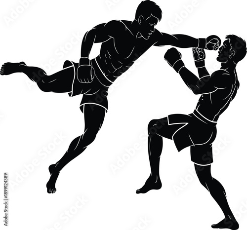 Dynamic black silhouette of two MMA fighters in action, professional kickboxing and martial arts vector