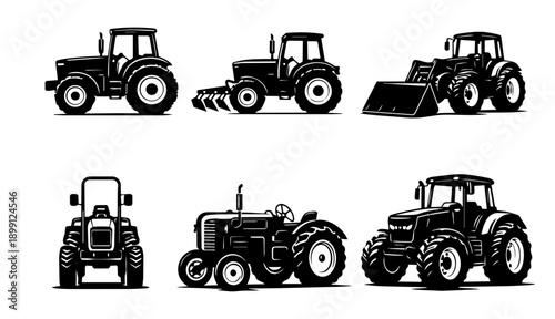 Tractor Silhouettes Set of 6 - Vintage and Modern Farm Tractors Black Vector Icons