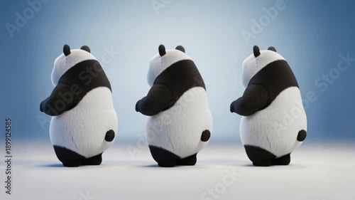 Animated Pandas Walking and Waving Together on Light Blue Background