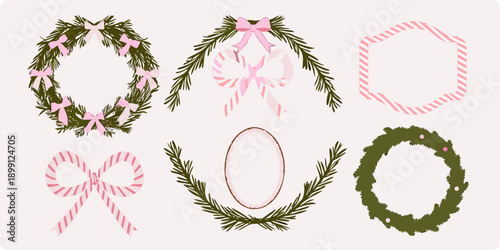 Festive christmas wreaths and candy canes arranged on a pink background