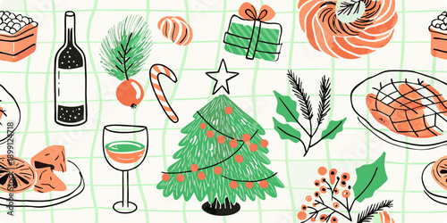 Festive illustration featuring christmas items food and drink on a grid