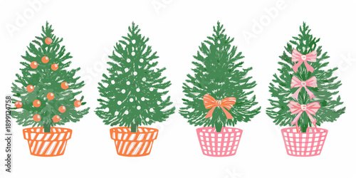 Four decorative potted christmas trees with ornaments and bows