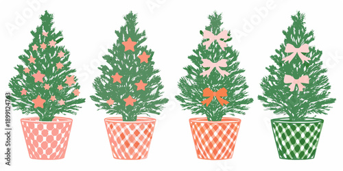 Four potted christmas trees with star and bow decorations
