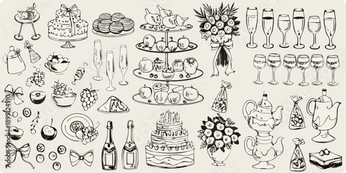 A vintage style illustration featuring desserts champagne and floral arrangements