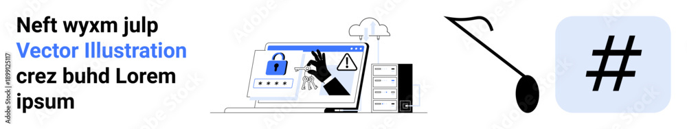 Obraz premium Computer displaying lock, alert icon, and database, emphasizing data security. Ideal for cybersecurity, tech solutions, data management, online privacy, IT services hacking prevention simple