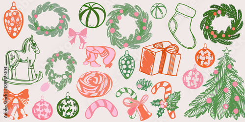 Festive christmas doodles wreaths ornaments and holiday decorations