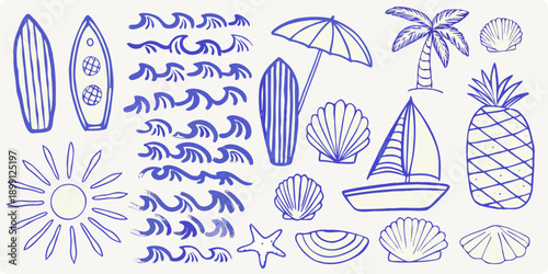Hand drawn summer doodles including surfboards shells and tropical elements