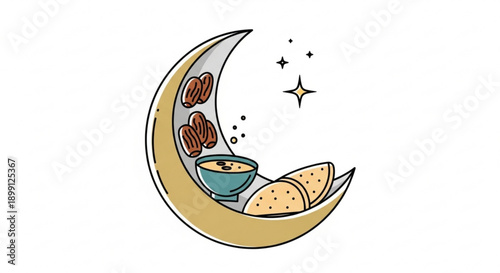 Crescent moon with dates bowl of soup and flatbread in whimsical