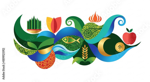 Vibrant illustration of diverse eco friendly elements and healthy foods in swirling patterns on white background