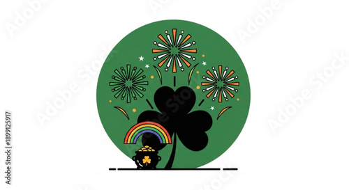 St patrick's day clover with fireworks and rainbow pot gold