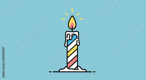 Single lit birthday candle with colorful diagonal stripes and melting white wax against a clear blue background for celebratory and festive event decorations.