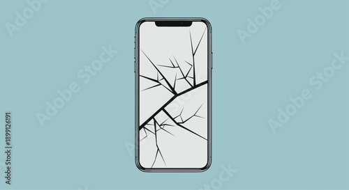 Modern silver smartphone with heavily cracked glass screen and spiderweb fractures centered on a light blue background for mobile device protection themes.