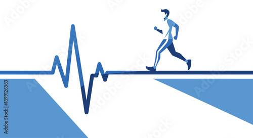 Blue silhouette of a person running along a heartbeat EKG line representing cardiovascular health and fitness lifestyle against a blue and white background.