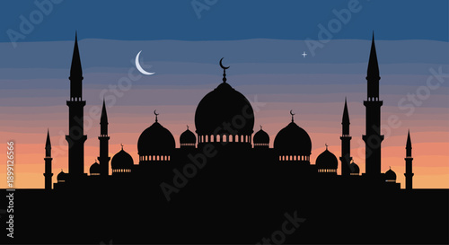 Dark silhouette of a majestic mosque with multiple domes and tall minarets at sunset under a crescent moon and star for Islamic religious celebration themes.