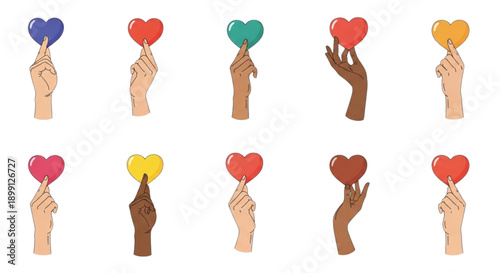 Diverse Hands Holding Colorful Heart Icons Love Inclusion Symbol Set
