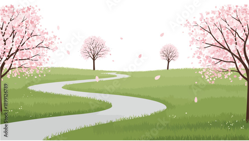 Serene landscape with winding path and blossoming trees.