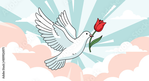 White dove of peace flying through soft pink clouds holding a red tulip in its beak against a radiant sunburst background for harmony and love symbols.