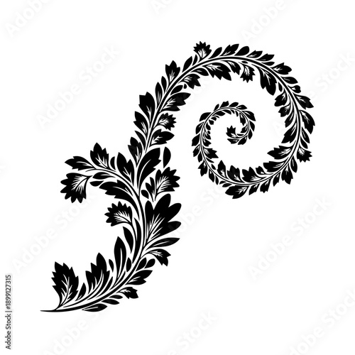 A black floral spiral design curls around itself, showcasing leaves and flowers in an elegant illustration.
