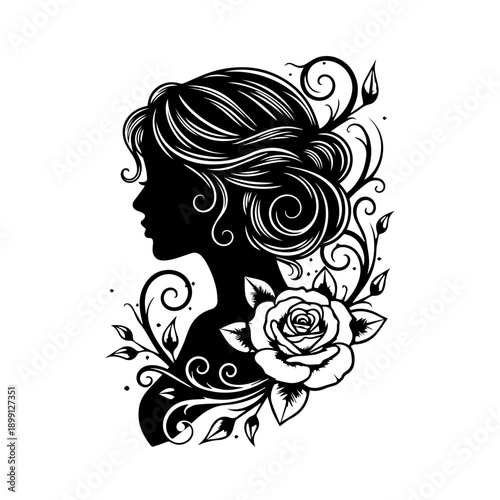 Elegant silhouette of a woman's profile with flowing hair and floral designs surrounding her