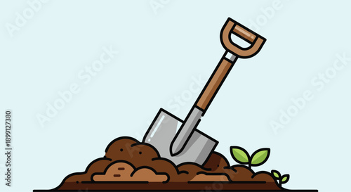 Metal shovel stuck into a mound of dark soil with small green plant sprouts emerging against a light blue background for gardening and growth themes.