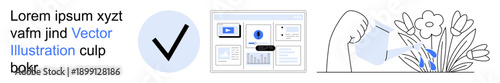 Business strategy, website design, productivity, growth, sustainability, data management. Abstract icons including a checkmark, data dashboard hand watering flowers. Productivity and sustainability