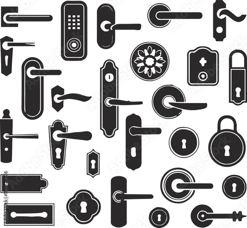 door handle vector set with knobs plates hinges and padlocks