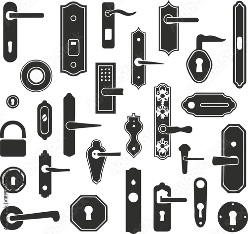 door handle and keyhole silhouette vector set for hardware icons
