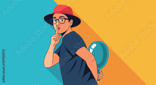 Woman Wearing a Red Hat and Glasses Making a Shushing Gesture with a Finger to her Lips while Hiding a Blue Balloon Behind her Back on a Split Color Background