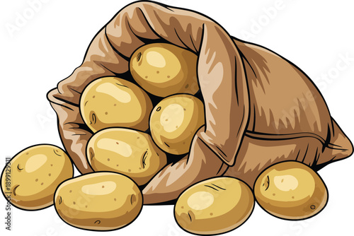 Vector illustration of potatoes spilling out of a burlap sack, for food or agriculture concept, Isolated on transparent background, png