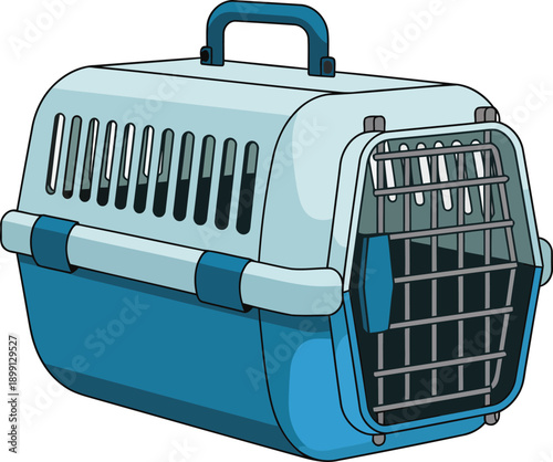 blue pet carrier, pet travel box, animal transport cage, vector illustration, for mockup or website, Isolated on transparent background, png