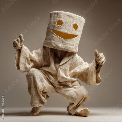 Surreal dancing person wearing handmade fabric cube mask with playful smile
