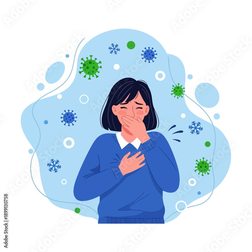 Woman coughing and covering her mouth with virus particles around her