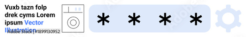 Cybersecurity, password protection, online safety, user authentication, data privacy, technology interface. A washing machine icon, security asterisks and a gear. Cybersecurity and password