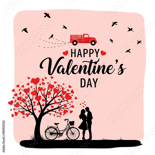 Happy valentines day couple with bicycle and tree pink background