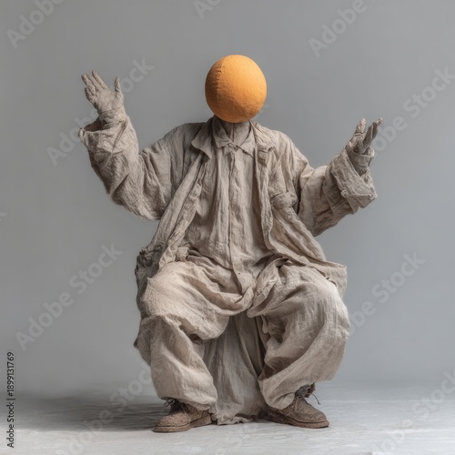 Surreal faceless humanoid figure with orange sphere head in neutral linen costume
