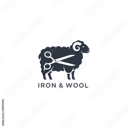 Elegant sheep and scissors vector logo for barbershop or tailor branding featuring a ram silhouette with textile tools and Iron & Wool text
