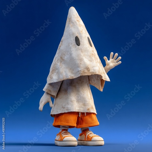 Surreal faceless cone-shaped fabric character waving on deep blue background