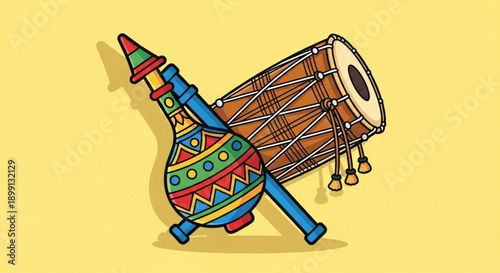 Colorful Damaru and Drum on Yellow Background, Indian Musical Instruments, Vibrant Patterns and Cultural Heritage
