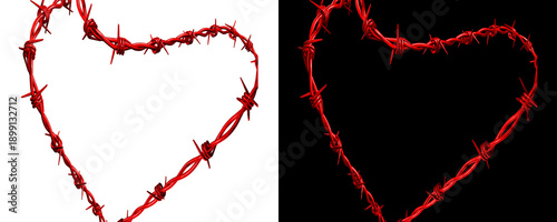 Schilderij op canvas Red barbed wire heart shape on transparent and black backgrounds symbol of painf